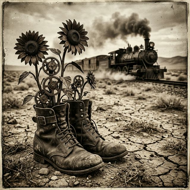 Vintage Boots with Sunflowers
